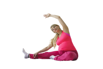 pregnant woman with a tummy does gymnastic bends while sitting on the floor, isolated on transparent background, png