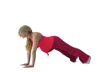 pregnant woman with a tummy does yoga standing in a plank rest lying down, isolated on transparent background, png