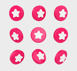 3D Set of Red button with a white star at its center floating on white background. 3d illustration