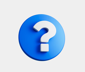 Blue circular button featuring a white question mark, symbolizing help and inquiry. 3d illustration