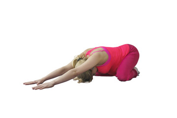 pregnant woman with a tummy does gymnastic bends while sitting on the floor, isolated on...