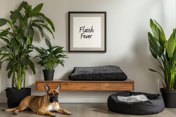 A modern dog-friendly room featuring plants, a wooden shelf, and dog beds. A French Bulldog lies on the floor.  The wall is a neutral color, with a framed sign