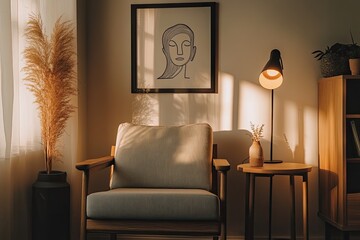 Cozy corner with a framed art piece, a light-blue armchair, a small wooden side table, and potted plants. Sunlight streams in, casting warm shadows