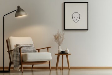 Modern minimalist living room with a wooden armchair, side table, and framed art