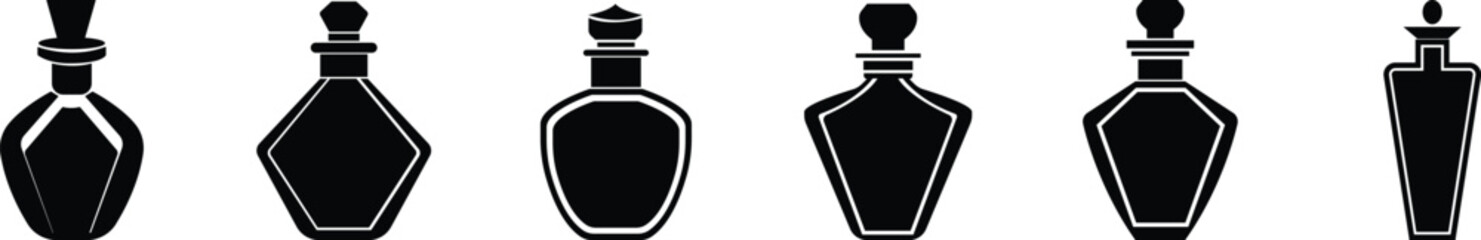 Perfume Bottle icon set.Fragrance perfume vector. Line and glyph perfume.Clothing costumes and accessories concept.spray bottle of icon.perfume bottle with liquid inside, glowing reflection.