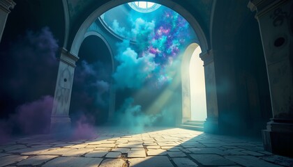 Iridescent fog swirls inside an old observatory dome, displaying blues, violets, greens, golds, and long shadows.