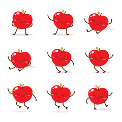 Cute Smiling Red Apple Character. Kawaii Red Fruit Mascot Style Vector. Cute vector character set in various action emotions. Collection symbols isolated on a white background