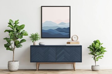 Abstract landscape art print on a white wall, with muted blues and pinks, sits above a dark blue sideboard with potted plants