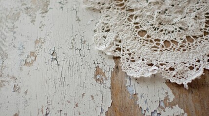 Close-up of a white doily on a wooden surface. the doily is made of lace and has a delicate, intricate design.