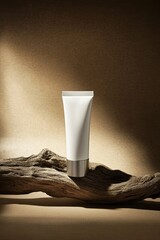 White tube of cream sits on a driftwood branch, bathed in warm light against a muted beige background.  A minimalist, elegant presentation