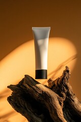 A white tube of cream sits atop a driftwood piece, bathed in warm sunlight.  A close-up view showcases the product's simple design