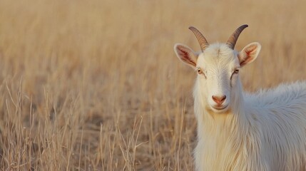 Fototapeta premium Close-up portrait of a white goat standing in a field of tall, dry grass. the goat has two large, curved horns on its head and is looking directly at the camera with a curious expression.