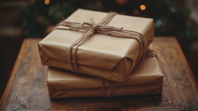 Stack of wrapped brown paper packages tied with string on rustic wooden surface