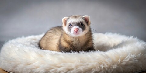 Adorable ferret nestled in a fluffy, white pet bed, gazing directly at the camera
