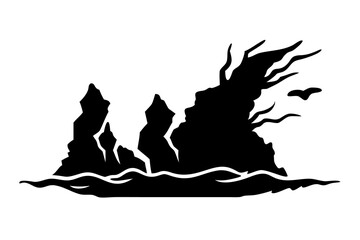 Obraz premium Coastal Cliff Silhouette with Crashing Waves, Ocean View Scene, Seaside Landscape, Rugged Shoreline Art, On Transparent Background