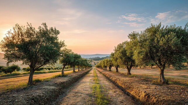 Serene Olive Tree Plantation at Sunset in Mediterranean Landscape