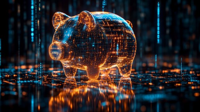 Digital Piggy Bank. A glowing, pixelated piggy bank with binary code patterns, reflecting on a dark surface.  Technology, digital finance, and the future of savings.  
