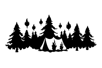 Obraz premium Campfire in Forest Silhouette with Tents, Outdoor Adventure Scene, Night Camping Art, Wilderness Illustration, On Transparent Background
