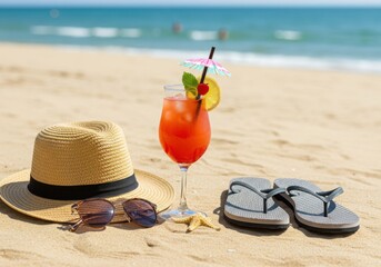Beach vacation cocktail with hat and sunglasses summer holiday sand