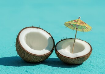 Tropical vacation coconut halves with umbrella summer holiday vibe