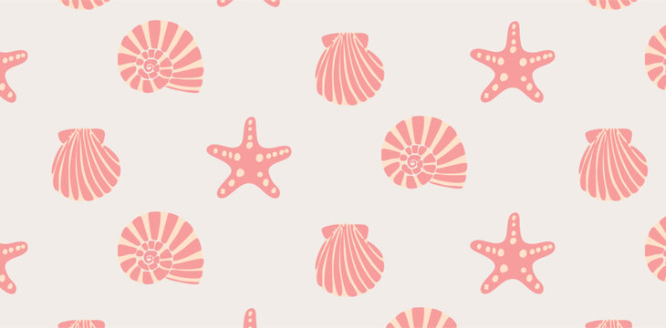 Seamless summer pattern with hand drawn seashells and starfish in pastel colors. Simple marine design with stylized shells and underwater motif. Ideal for print, textile, wrapping, decor.