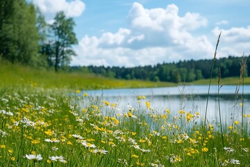 Swedish Summer Meadow by a Serene Lake with Vibrant Wildflowers