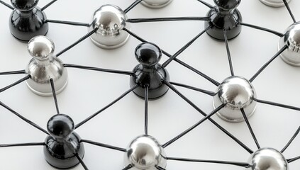 Network of black and silver figures interconnected by thin lines.  A diverse group of people or entities linked together