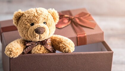 Brown teddy bear in a gift box, close-up