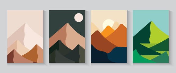 Mountain poster,cards, banner seamless pattern collection. Colorful Abstract wave flayer cover background set with geometric textures and nature environment shapes. minimalist, trendy, modern backdrop