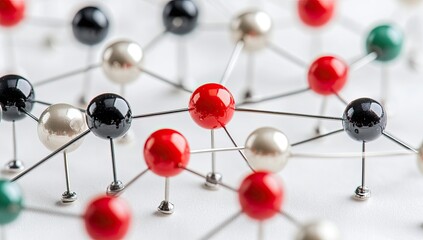 Network of colored spheres connected by thin lines.  Various shades of red, black, silver, and green spheres interconnected forming complex network patterns