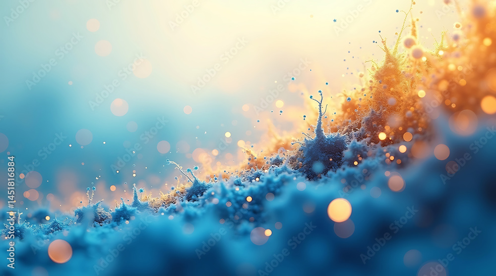 Poster blue and gold abstract particles in motion with realistic shallow depth of field and soft atmospheri