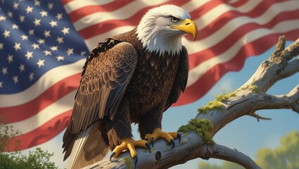 Bald eagle on tree with US flag,concept of national strength and freedom,American wildlife and patriotism,eagle symbol of liberty,USA independence and identity,American pride and eagle power
