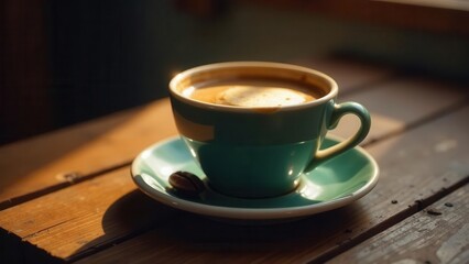 Obraz premium Aromatic Coffee in Teal Cup on Rustic Wooden Table, Bathed in Warm Sunlight