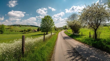 Obraz premium Serene Countryside Road with Spring Flowers and Lush Greenery