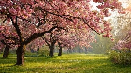Naklejka premium Pink Cherry Blossom Trees in Full Bloom During Bright Daylight