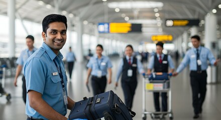 Airport Employee Smiles Confidently While Carrying Luggage,  Providing Excellent Customer Service and Ensuring Smooth Travel Experience for Passengers at a Busy Airport Terminal.