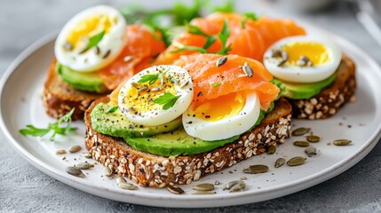 A visually appealing image of healthy open-faced sandwiches on multigrain toast, topped with avocado, salmon, eggs, herbs, and sunflower seeds, presented on a white plate.
