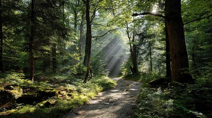 Obraz premium Serene Forest Path With Sunlight Filtering Through Green Canopy