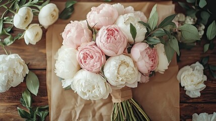 Pink roses, white peonies bouquet, top view, wrapped in kraft paper, romantic floral gift, elegant flower flat lay photo