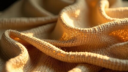 Fototapeta premium Golden Hour Burlap Textured Fabric Draped in Warm Light, Showing Intricate Weave and Soft Shadows