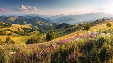 Obraz premium Serene Hills with Flowering Meadows Under Warm Sunlight