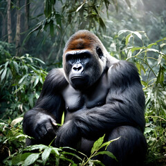 Obraz premium A Majestic Gorilla Sitting in the Misty Jungle, Surrounded by Lush Greenery, Exuding Strength and Serenity in Its Natural Habitat.