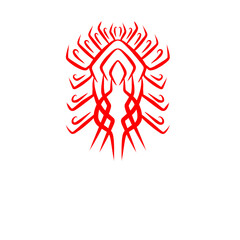 Intricate symmetrical scarlet emblem on a deep black canvas, evoking primal energy