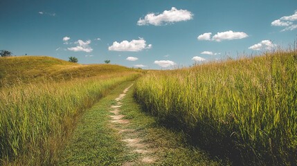 Serene Trail Through Lush Green Grass in Countryside Landscape