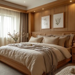 Cozy bedroom with linen bedding, wooden headboard, and natural light
