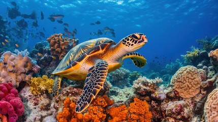 Obraz premium A vivid illustration of a sea turtle navigating through a colorful coral reef.
