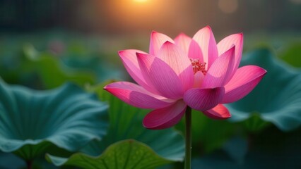 Obraz premium A delicate pink lotus blossom gracefully unfolds its petals, bathed in the warm glow of the setting sun, amidst a serene expanse of lush green foliage.