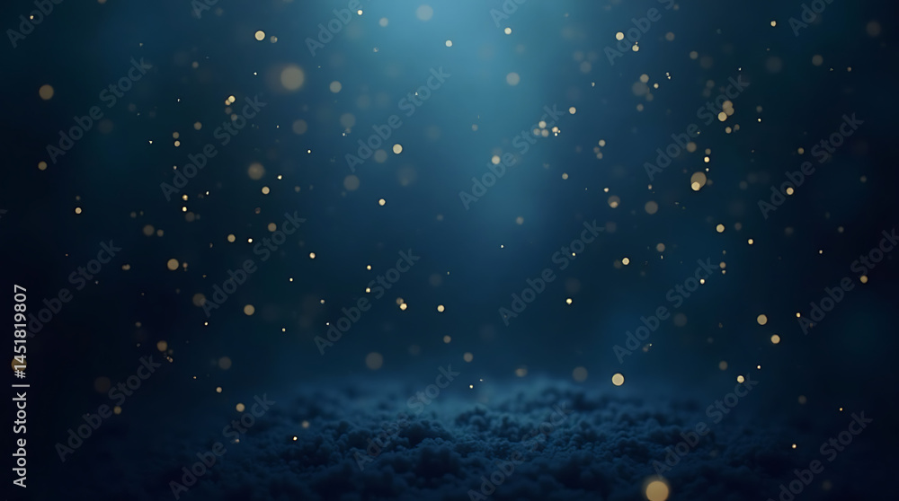 Poster dreamy dark blue scene with floating gold specks and no added noise for a clean and elegant abstract