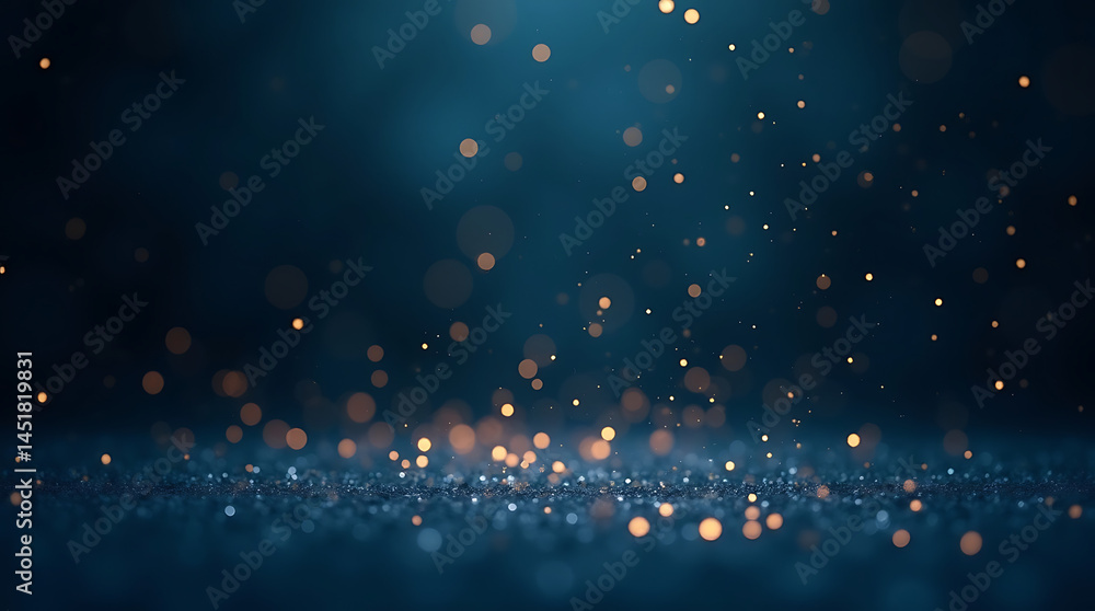Poster dreamy dark blue scene with floating gold specks and no added noise for a clean and elegant abstract
