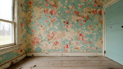 Empty room with a large window on the left side. the wall is covered in a wallpaper with a floral pattern in shades of pink, red, and yellow.